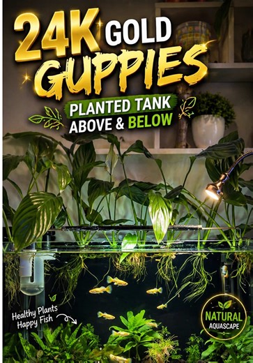 24K gold guppies shining in a peaceful planted world ✨🌿 Above and below nature, all in one tank 💧 Simple, clean, and calming aquarium vibes. #aquarium #aqua #plantedtank #fishtank #reels
