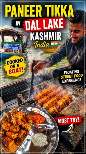 Paneer tikka in Dal Lake Kashmir India 🇮🇳 | Floating boat street food experience everyone should try #Foodie #StreetFood