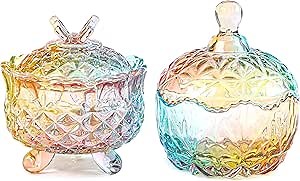 Set of 2 Crystal Candy Jars with Lid - Colorful Candy Dish for Office Desk - Glass Cookie Storage Jars Containers Decorative Christmas Birthday Gifts for Table Home Decor
