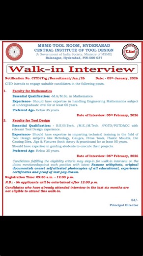 Recruitment of Faculty for Mathematics and Tools Design in MSME Tool Room Hyderabad Walkin interview on 05, 06 February 2026 #jobs #JobSearch #jobopportunities #jobvacancy #JobOpportunity #jobs #JobAlert #jobseekers #jobsearching #jobsnearme #jobsearchtips #jobvacancies #jobvacancy2025 #JobVacancies2025 #hyderabad #JobsInHyderabad #hyderabadjobs #hyderabadjobseekers #hyderabadjob | Latest Jobs Info