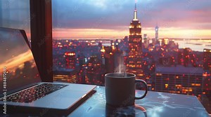 Coffee and laptop by an apartment window with a cityscape landscape creating a modern and productive atmosphere Seamless looping 4k time-lapse virtual video animation Generated AI