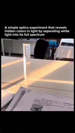 AI • Technology • Innovation on Instagram: "This simple optics experiment shows that white light is not a single color but a mixture of many wavelengths combined together. As light passes through glass it bends due to refraction and each wavelength bends by a different amount causing the colors to separate into a visible spectrum. Follow for more daily shocks from the frontier of invention ⚙️ @unreal_error #optics #physics #light #science #experiments"