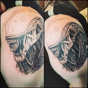 Start of an #alien half sleeve. Color next time. #siege #revivalartcollective #xenomorph #aliens #realistictattoo #horror #scifi #tattoo #tattooart #art #ink #resist #phoenix #az #stencilstuff #truetubes | Siege