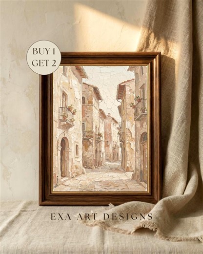 Vintage European Street Oil Painting | Old World Italian Village Printable Wall Art, Neutral Beige Cityscape Decor, Antique Alley Art Print - Etsy