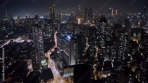 Mumbai night skyline aerial drone view, India, Maharashtra, 4k cinematic