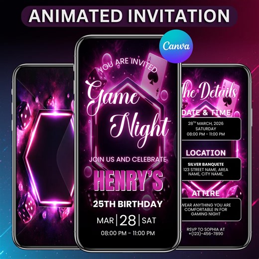 Animated Game Night Invitation Template, Editable Digital Birthday Party Invite, Neon Theme Adult Game Night Design, PDF Download Canva File - Etsy