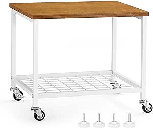 Under Desk Printer Stand, 2 Tier Printer Cart Rack with Storage Shelf, Lockable Wheels, Metal Frame, Industrial Rolling Printer Table Stand for Office, Home, Scanner, Printer-Wood Color
