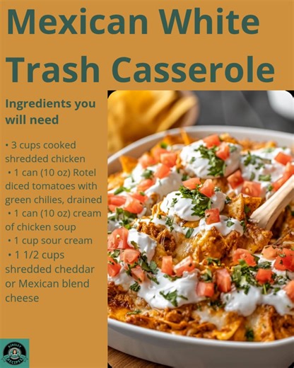 🌮 Mexican White Trash Casserole 🧀 Creamy, cheesy, and loaded with Tex Mex flavor this easy bake is pure comfort heaven! 💛 ✨ Main Ingredients: • Shredded chicken • Rotel tomatoes • Tortilla chips Full cozy casserole recipe in C.o.m.m.e.n.t.s 💬👇 | Kinsley Recipes
