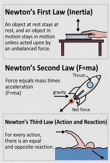Mtishtech on Instagram: "Newton's First Law: The Law of Inertia States that an object at rest stays at rest, and an object in motion stays in motion with the same speed and in the same direction unless acted upon by an unbalanced external force. Inertia is the resistance of an object to change its state of motion. A book on a table stays there; a moving car keeps moving until friction or brakes stop it. Newton's Second Law: The Law of Acceleration (𝐹=𝑚𝑎) State that the net force acting on an