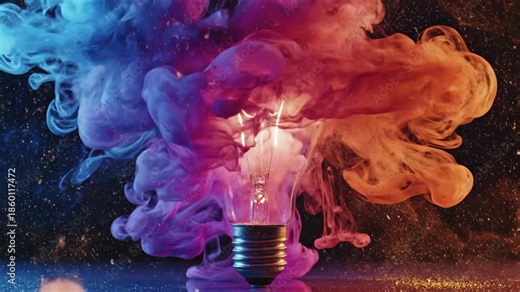 Explosion of colored smoke and sparks around a lit incandescent light bulb, 4k