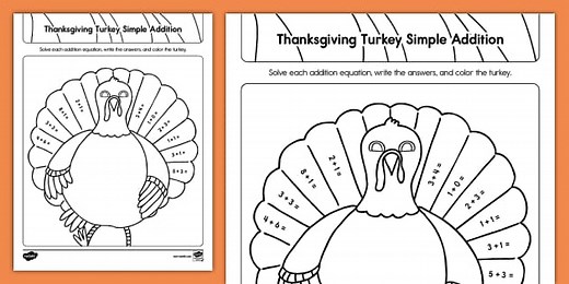 Kindergarten Thanksgiving Turkey Simple Addition Worksheet