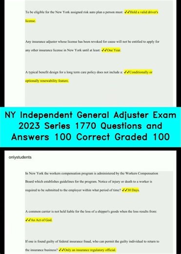 NY Independent General Adjuster Exam 2023 Series 1770 Questions and Answers 100 Correct Graded 100