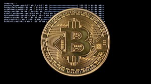 A macro shot of a bitcoin spinning