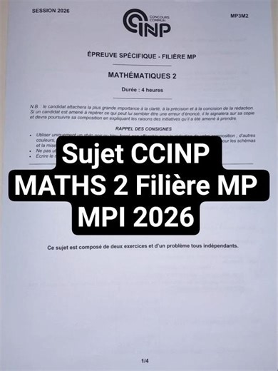 CCINP MATHS 2 Subject, MP MPI Track, 2026