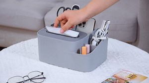 6-Compartment Plastic Tissue Box Organizer with Holder, Multifunctional Desk Storage for Remote, Phone, Pens - Home Office Cube Organizer with Multi-Use Sections