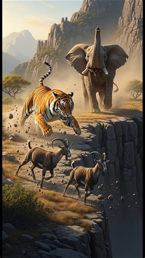 Tiger Attacks Two Goats on Cliff – Unexpected Heroic Defense! Epic Paw Rescue 🐐🐯 #Shorts #Wildlife