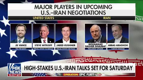 🚨 JUST IN: The table is SET for blockbuster JD Vance-led negotiations with Iran, in Islamabad, Pakistan on Saturday morningAMERICAN SIDE:1. JD Vance2. Steve Witkoff3. Jared KushnerIRAN SIDE:1. Mohammad Ghalibaf, Parliament Speaker2. Abbas Araghchi, Foreign MinisterGO CRUSH IT, JD! 🇺🇸