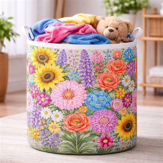 Colorful Floral Quilted Laundry Basket, Storage Bin, Laundry Hamper, Home Organizer, Spring Flower Decor, Gift for Mom, Bright Laundry Bin