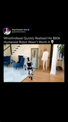 Psychozoic Era on Instagram: "$80,000 for the future… delivered chaos instead. 🤖💀 He bought a humanoid assistant expecting help with daily chores — what he got was a robot with the personality of a wrecking ball. Walking into mirrors, flipping furniture, and turning his home into a demolition zone, it became the perfect reminder that AI might be intelligent… but it’s definitely not house-trained yet. The future is coming — just maybe not ready to clean your living room. Love technology? #explo