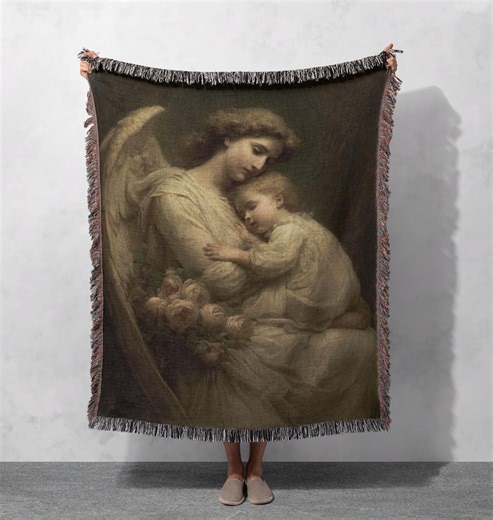 Guardian Angel Child Woven Blanket 100% Cotton, Divine Protection Religious Art Throw, Serene Christian Comfort Blanket, Spiritual Faith. - Etsy