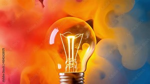 A glowing lightbulb in the center of colorful abstract shapes. The background is a blurred mix of pink, orange, and blue. The lightbulb is a symbol of new ideas and inspiration.