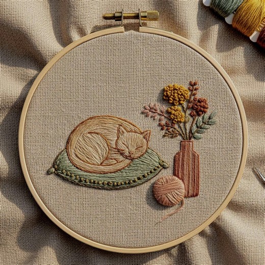 Sleeping Cat Embroidery Pattern, Cozy Cottage Hoop Art, Neutral Home Decor (digital Download) - Etsy
