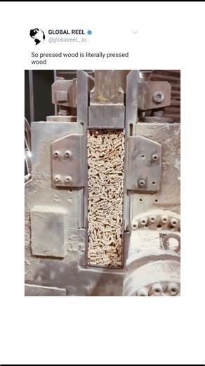 GLOBAL REEL on Instagram: "The X post shares a 37-second video of particleboard production, showing wood chips being fed into a hydraulic press to form dense sheets, emphasizing the straightforward "pressed wood" name with a humorous caption. Particleboard manufacturing recycles wood waste mixed with resin, then compresses it at high temperatures and pressures up to 50 atmospheres, producing over 56 million cubic meters globally in 2024 for affordable furniture and construction. Posted by @inter