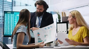 Financial adviser conducting audit of clients income to create plan helping them build futureproof saving habits. Agent talking with parent and gen Z girl, offering advice on investing, camera A