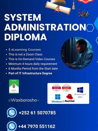 Hadii aad soo baratay xirfada IT Support Pro, waxaa lagu xijiyaa Xirfada System Administration ka si laguu dalacsiiyo ee aad u noqoto Server administrator, Azure Professional iyo Linux Administrator. shaqooyinka ITga heerka labaad ama 2nd Line ayaad noqon hadii aad barato xirfadaan, Diplomadan waxaad ku dhamayn kartaa 6 bilood waxayna wadataa caawimaad, imtaxaan iyo shahaado cadeynasa inaad xirfadan kasoo baratay hurbad.com 🛒 Hadda Dalbo: https://hurbad.com/system-administration-diploma/ 📲What