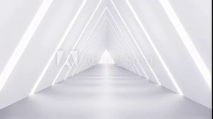 White futuristic triangle corridor with bright light neon elements. Modern empty infinite 3d animation.