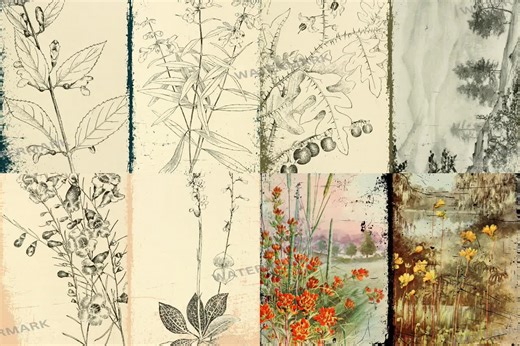 Antique Botanical Junk Journal Pages | Vintage Nature Sketches | Aged Paper Printables for Scrapbooking, Herbal Collage Sheets - 11" X 8.5" - Etsy