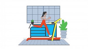 Woman running on treadmill in home gym cartoon animation. Indoor workout jogging machine 4K video motion graphic. Middle eastern girl cardio training animated 2D character isolated on white background