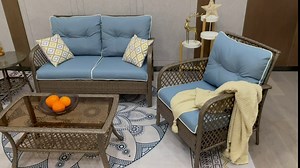 Auzfy Outdoor Furniture Set 3 Pieces Outdoor Patio Chair Set Small Rattan Patio Conversation Sets Wicker Patio Bistro Set with Side Table & 2 Pillows for Sunroom, Garden, Balcony, Blue Cushion