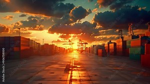 A port logistics scene at dawn, with gentle light producing a warm mist on a dock and containers next to a cargo plane taking off in the distance, and cranes loading containers on container ships