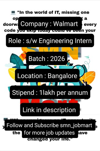 🔥 Walmart Hiring 2026 Batch | Software Engineering Intern | Bangalore | Stipend 1 Lakh per month