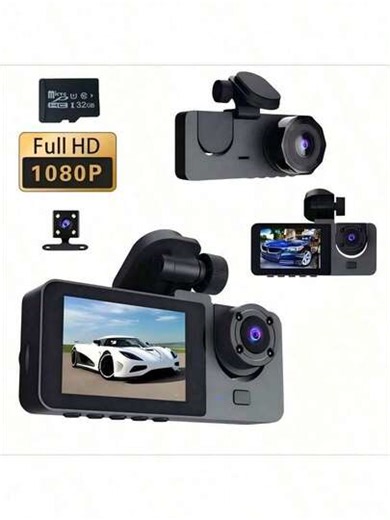 3-Lens Dash Cam With Night Vision, Three 1080P Front-Facing And Embedded Cameras, Wide Angle Car DVR, 2.0" IPS Screen, 24-Hour Motion Detection Parking Mode, 32GB Storage Card Loop Recording, 150mAh Battery Capacity | SHEIN