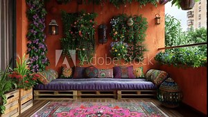 photo of rustic boho porch, with wood floors and ceiling, plants hanging from the roof, a wooden bench with cushions, surrounded by nature on a sunny day.