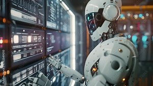 The robot standing controls automation panel monitoring screen system software in a High-temperature nuclear reactor room Stock Video