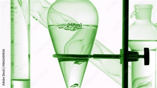 Lab setup with ball absorber, graduated cylinder, bulb lab condenser and separatory funnel with highly transparent solution and air bubbles rising inside on neutral white surface