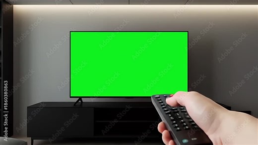 Modern TV turning on via remote control – green screen for screen replacement