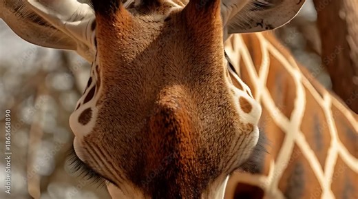 An extreme close-up of a giraffe's face, focusing on its large, gentle eyes with long dark eyelashes before slowly tilting down its head