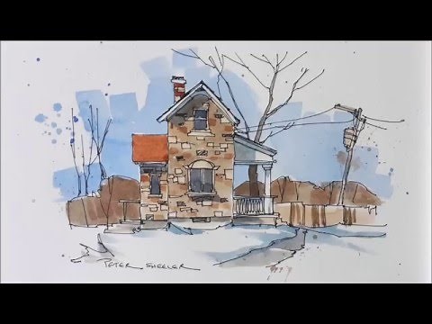 Line and wash demonstration of a Stone Farmhouse watercolor. Easy to follow and learn.
