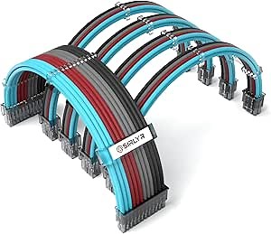 SIRLYR Arc Braided ATX Sleeved Cable Extension Kit for Power Supply Cable Kit,16AWG 24Pin ATX / 8 (4+4) Pin EPS / 8 (6+2) Pin PCI-E Power Supply PSU Cables with Combs(Black-Grey-Red-Blue)