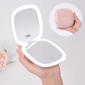 Mocado Compact LED Travel Makeup Mirror - 4 Inches 1X/10X Magnification Travel Mirror with Light Dimmable Double Sides Lighted USB Rechargeable Compact Mirror for Purse,Pocket,Travel(Pink)