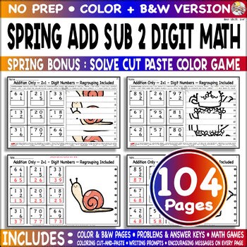 Spring Add Sub 2 Digit by 1 Digit Number Color Code Cut and Paste Game Picture