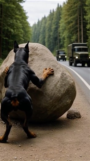 A Doberman, with the help of a kind soldier, rescued its mate.