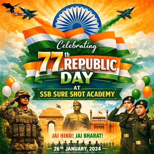 SSB Sure Shot Academy Bangalore on Instagram: "At SSB Sure Shot Academy, we proudly celebrate the 77th Republic Day of India, a day that marks the strength of our Constitution and the unity of our great nation. This occasion reminds us of the values of discipline, integrity, courage, and responsibility that form the foundation of our democracy. We pay heartfelt tribute to the brave soldiers and officers who protect our freedom and uphold the honour of the nation. As a defence-oriented academy, w