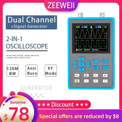ZEEWEII DSO2512G 2.8 Inch Handheld Digital Oscilloscope 120M Bandwidth Dual Channel Oscilloscope Signal generator XYmode - AliExpress 1420