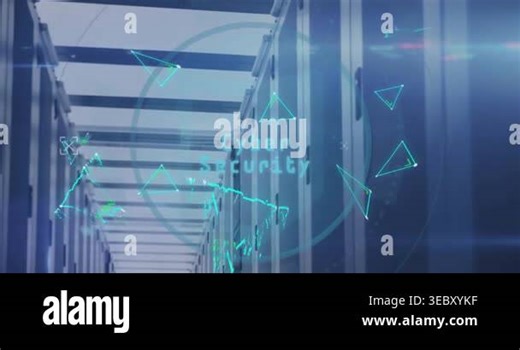 Animation of cyber security text banner, plexus networks and data processing against server room. Cyber security and business data storage technology concept Stock Video Footage - Alamy