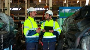 Engineer in the process of inspecting train engines Keep the machine ready for use in the train station. Engineers wear safety clothing and helmets to work safely as standard.